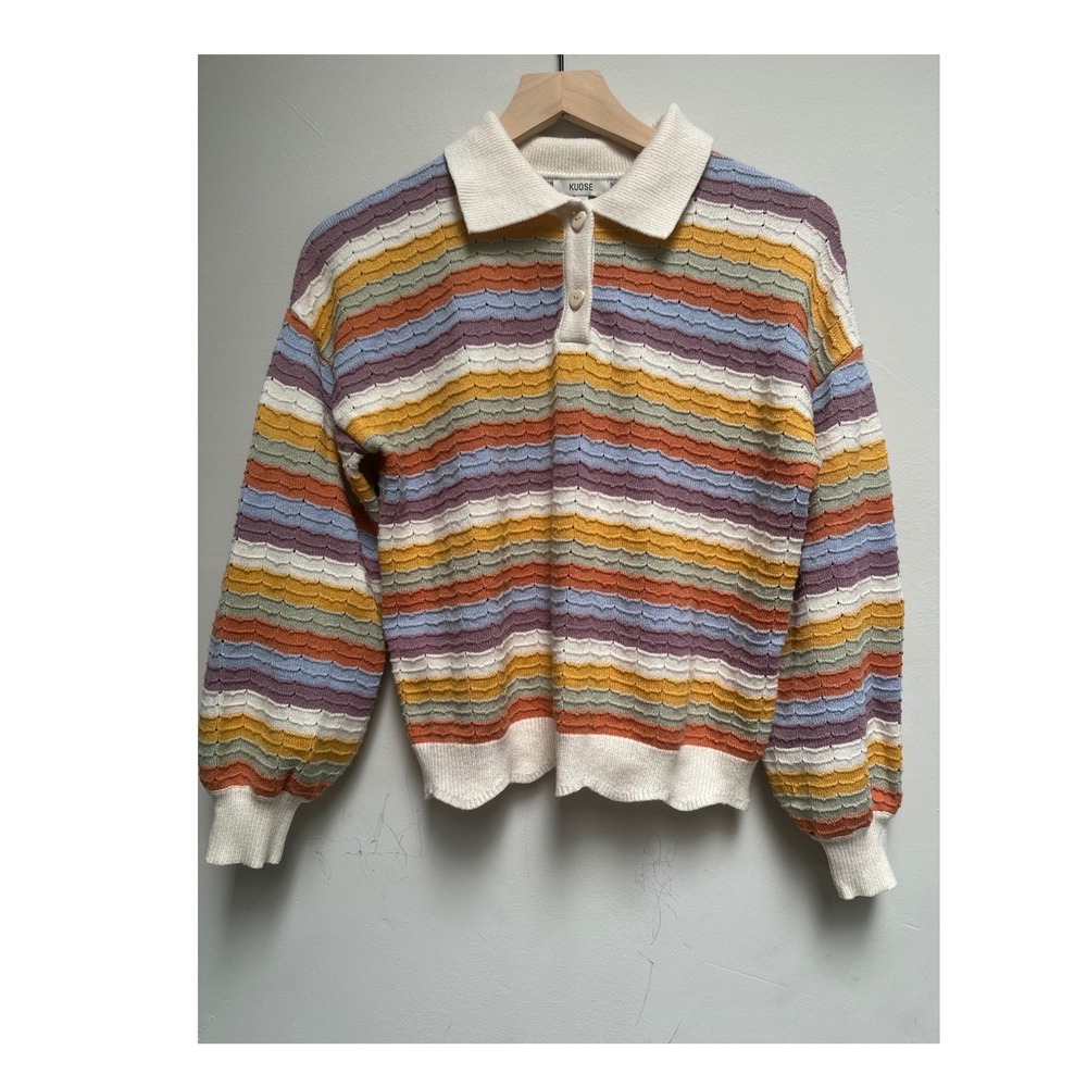 Kuose Striped Sweater Heart Buttons Scalloped Hem